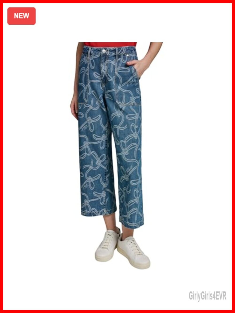 Wide Leg Bow Jacquard Pants Relaxed Fit Mid Rise Button Closure